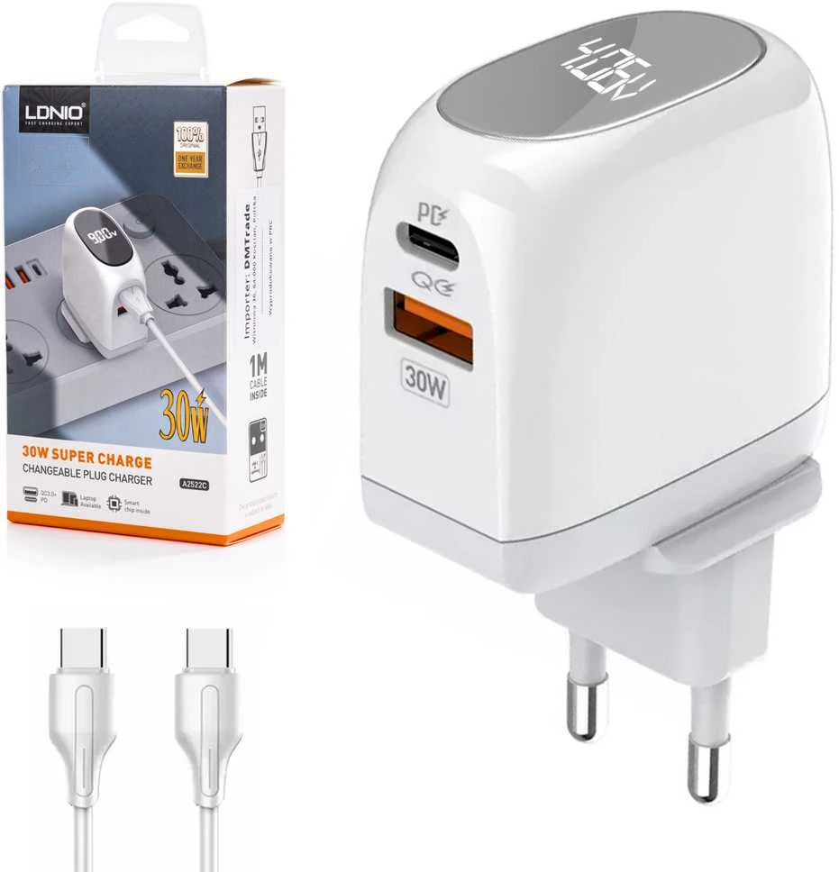Ldnio USB įkroviklis 30 W LED skydelis USB-C laidas USB-C