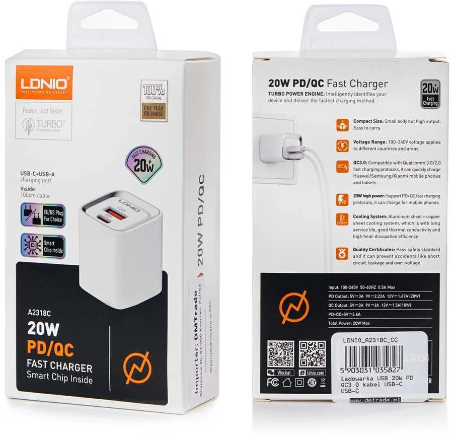 Ldnio 30 W PD QC3.0 USB įkroviklis, USB-C, „Lightning“ laidas