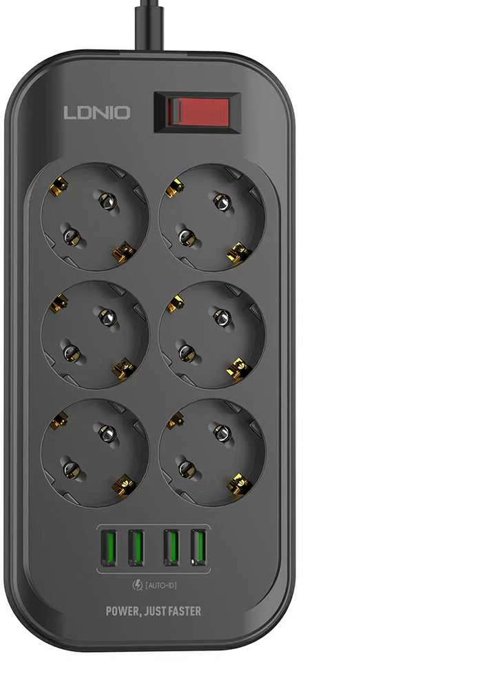 Ilgintuvas su 6 AC lizdais 4x USB LDNIO 2m - juoda