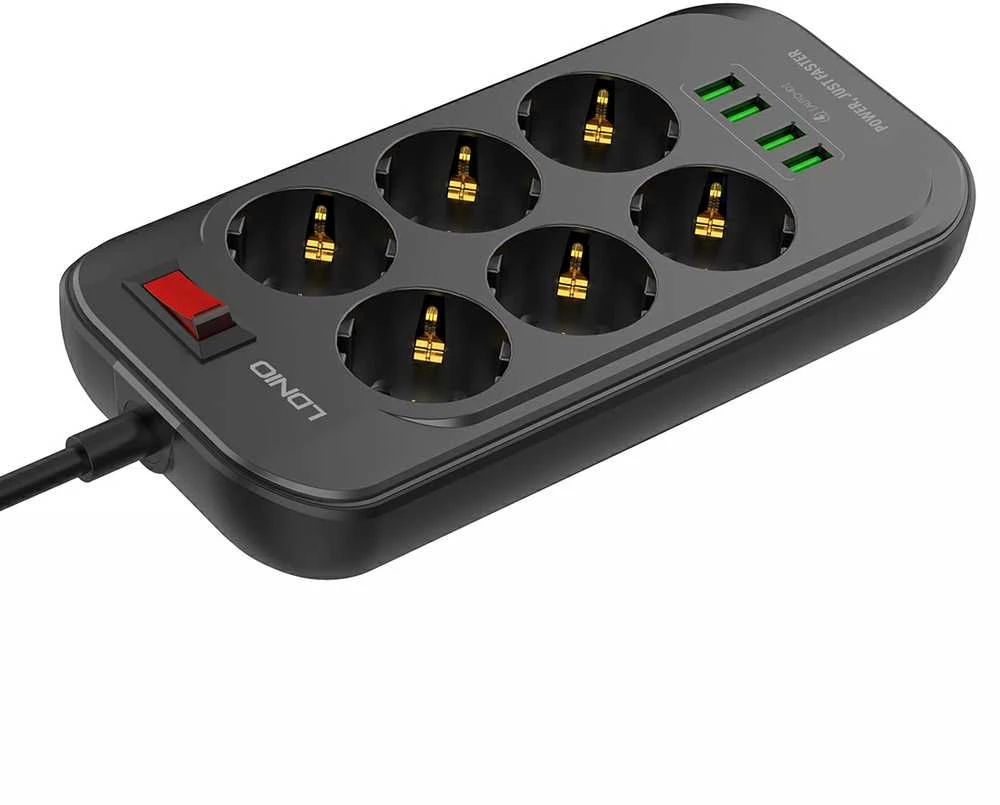Ilgintuvas su 6 AC lizdais 4x USB LDNIO 2m - juoda
