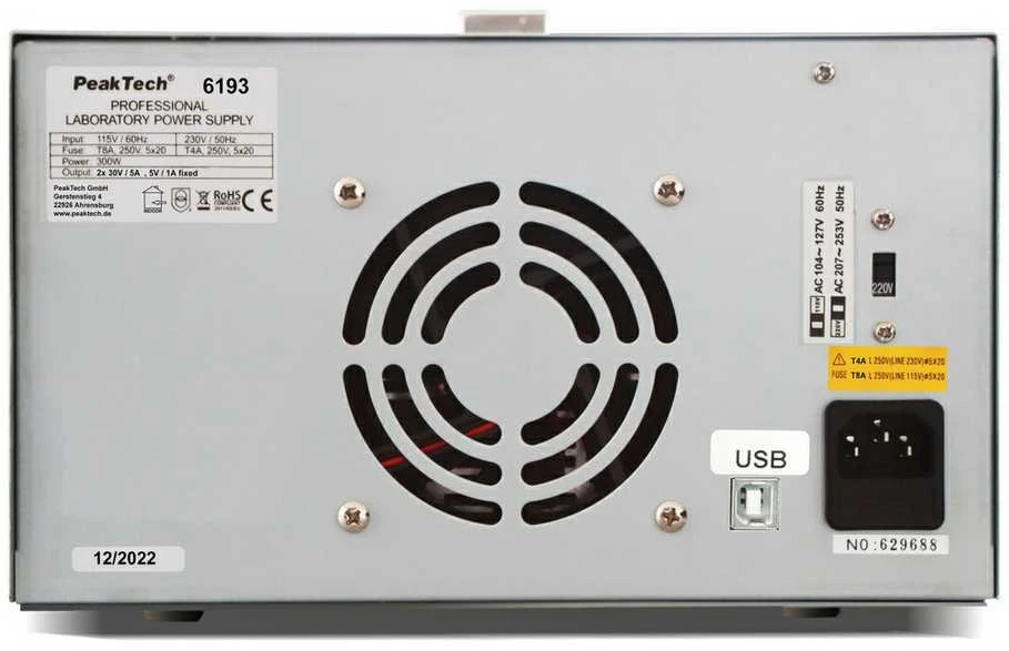 Laboratorinis maitinimo šaltinis 2x30V 5A PeakTech 6193 USB