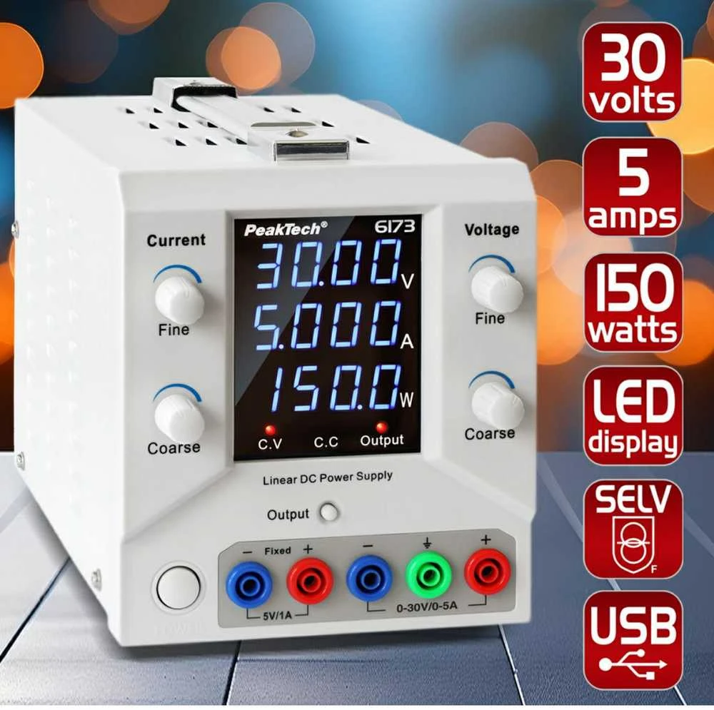 30 V 5 A „PeakTech 6173“ USB laboratorinis maitinimo šaltinis