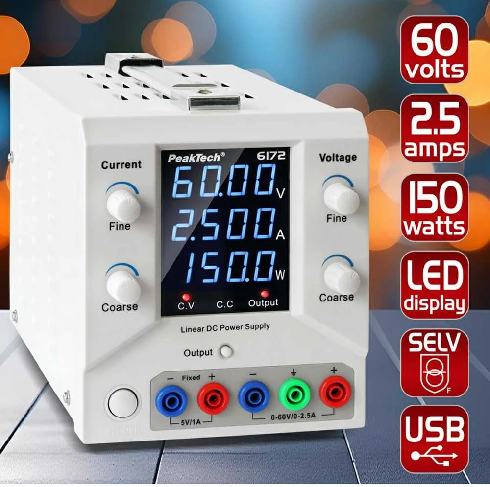 60V 2.5A PeakTech 6172 USB laboratorinis maitinimo šaltinis