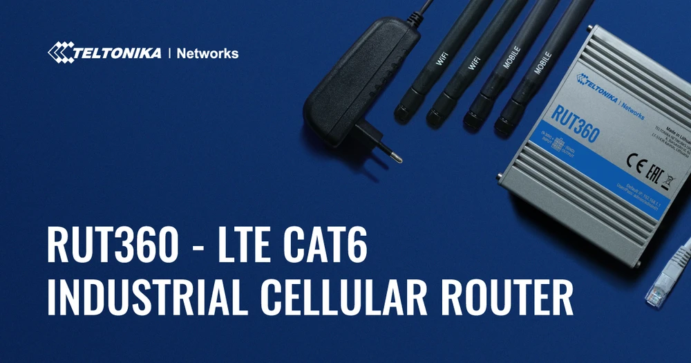 Teltonika | Pramoninis korinio ryšio maršrutizatorius | RUT360 LTE CAT6 | 1 x LAN jungtis, 10/100 Mbps, atitinka IEEE 802.3, IEEE 802.3u standartus, palaiko automatinį MDI/MDIX perjungimą, Mbit/s | Ethernet LAN (RJ-45) jungtys, 2 x RJ45 jungtys, 10/100 Mbps | Mesh palaikymas: Ne | MU-MiMO: Taip | 3G/4G duomenų bendrinimas | Antenos tipas: 2 x SMA, skirta LTE, 2 x RP-SMA, skirta WiFi