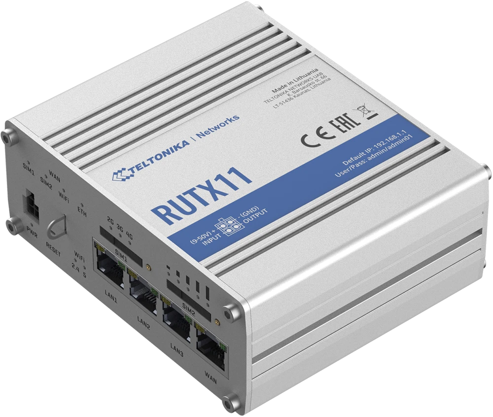 Šakotuvas Maršrutizatorius belaidis Teltonika RUTX11000000 (3G/4G/LTE SIM, 3G/4G/LTE USB, 2,4 GHz, 5 GHz)