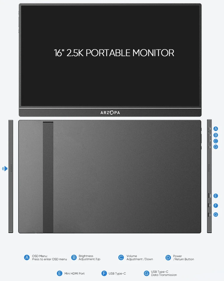 Nešiojamas monitorius Arzopa Z1RC, 16" 2.5K IPS, 100% sRGB, USB-C