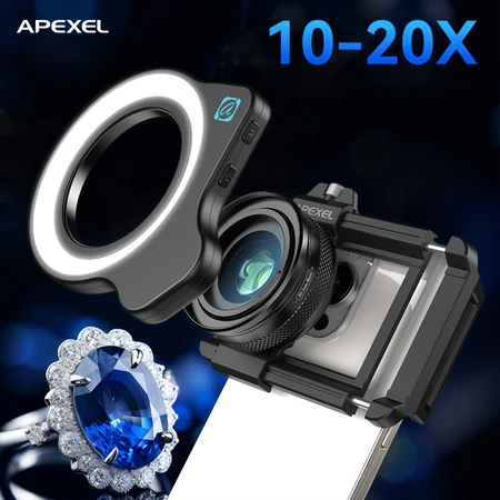 Makro objektyvas 10-20X su LED lempute Apexel ZM100FL26