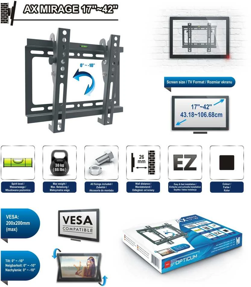 Opticum TV laikiklis MIRAGE 17''-42'' (iki 30kg, VESA 20*20cm)