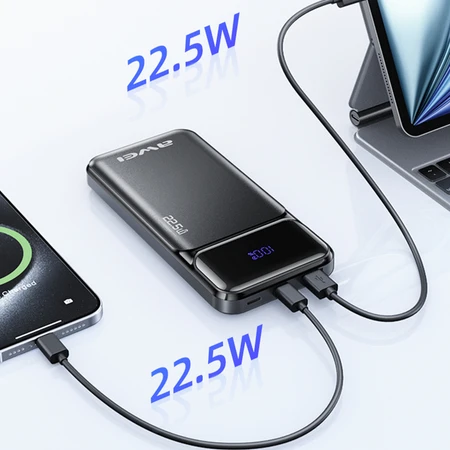 Išorinė baterija Awei PA-90 10000mAh 22,5W PD 2xUSB-C juodos spalvos