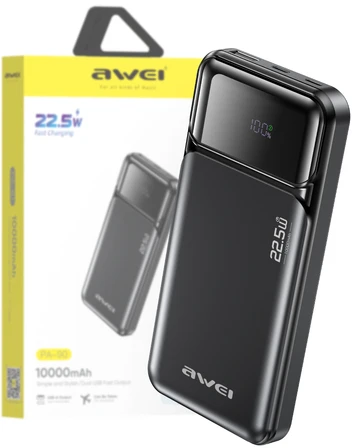 Išorinė baterija Awei PA-90 10000mAh 22,5W PD 2xUSB-C juodos spalvos