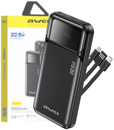 Išorinė baterija Awei PA-91 10000mAh 22,5W PD 2xUSB-C + laidas, juodos spalvos
