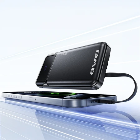 Išorinė baterija Awei PA-91 10000mAh 22,5W PD 2xUSB-C + laidas, juodos spalvos