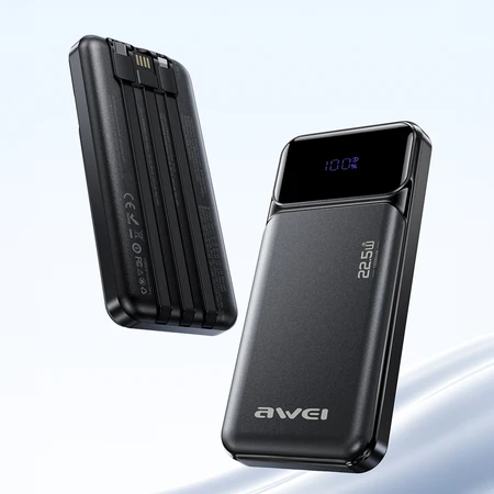 Išorinė baterija Awei PA-91 10000mAh 22,5W PD 2xUSB-C + laidas, juodos spalvos
