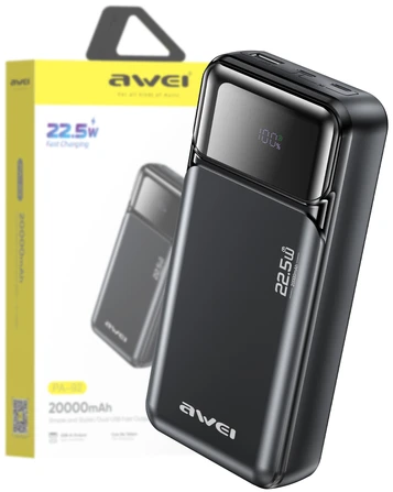 Išorinė baterija Awei PA-92 20000mAh 22,5W PD 2xUSB-C juodos spalvos