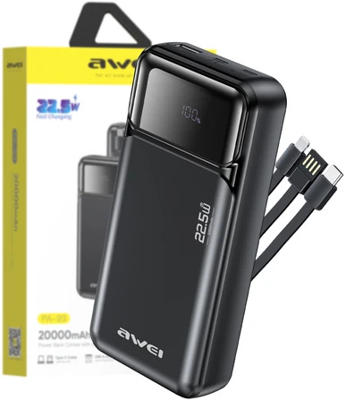 Išorinė baterija Awei PA-93 20000mAh 22,5W PD 2xUSB-C + kabelis juodos spalvos