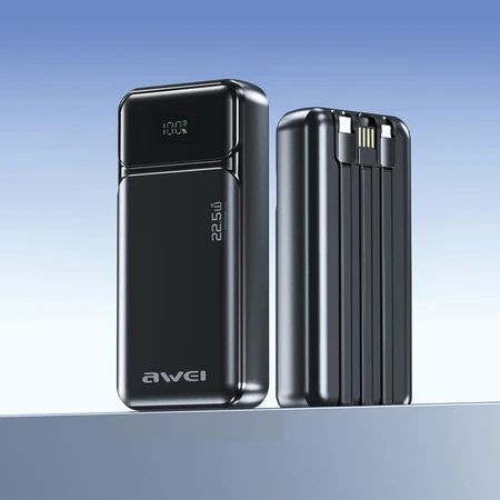 Išorinė baterija Awei PA-93 20000mAh 22,5W PD 2xUSB-C + kabelis juodos spalvos