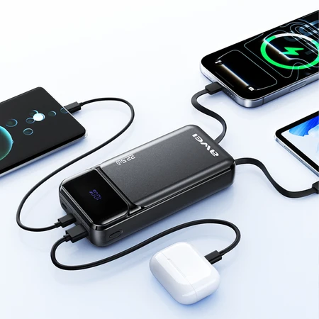 Išorinė baterija Awei PA-93 20000mAh 22,5W PD 2xUSB-C + kabelis juodos spalvos