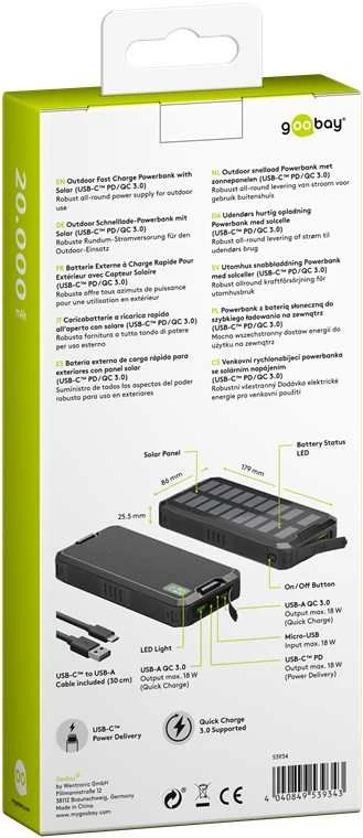 PowerBank Goobay 20000 mAh su QC PD saulės baterija