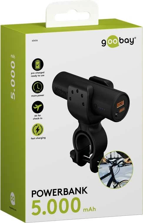 „Goobay Bike Powerbank 5.0“ su sustiprintu laikikliu dviračio vairui | 60656 | 5000 mAh | Juodas