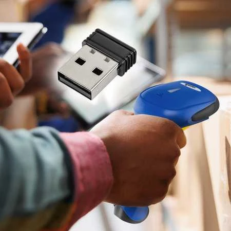 Mėlynas brūkšninių kodų skaitytuvas su USB imtuvu