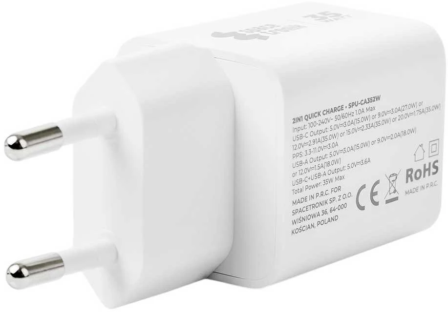 Spacetronik 2in1 USB-C USB PD greitasis įkroviklis 35W 3,6A baltas