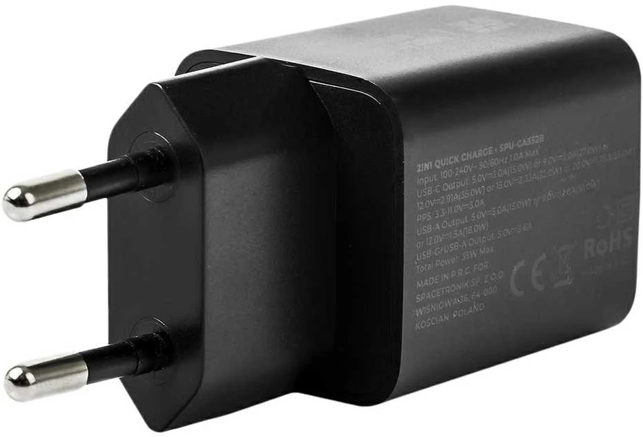 Spacetronik 2in1 USB-C USB PD greitasis įkroviklis 35W 3.6A juodas