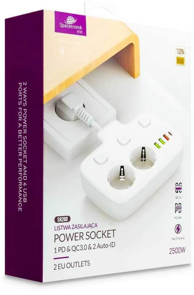 Spacetronik 2x maitinimo juosta, 4xUSB įkroviklis, USB-C PD QC
