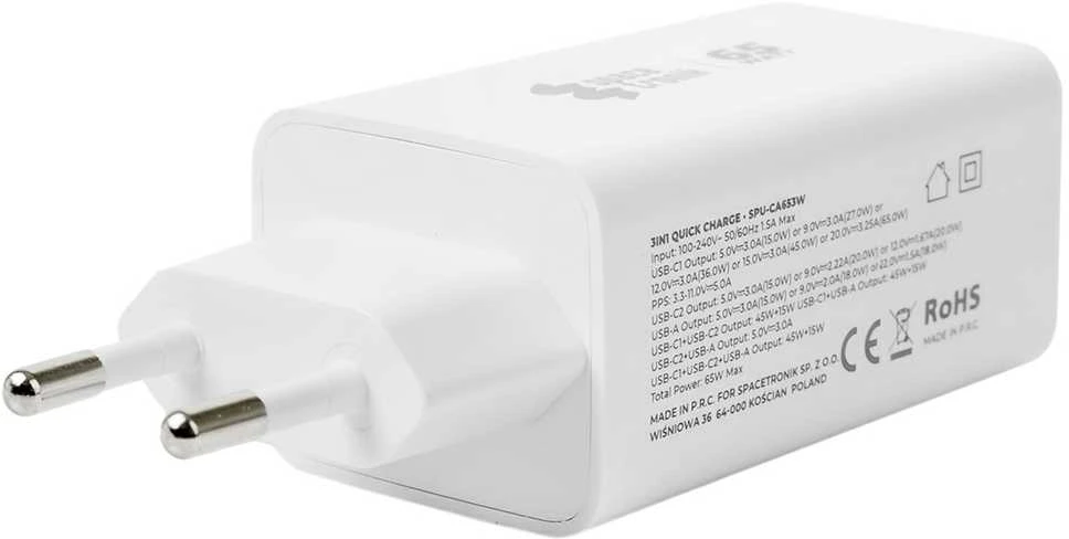 Spacetronik 3in1 USB-C USB PD greitasis įkroviklis 65W 5A baltas