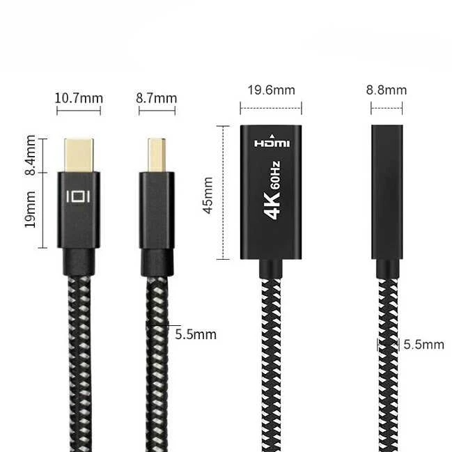 Mini DP į HDMI adapteris su išmatavimais