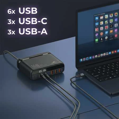 Spacetronik Įkrovimo stotelė 140W GaN SR103 LED 6 USB PD+QC3.0