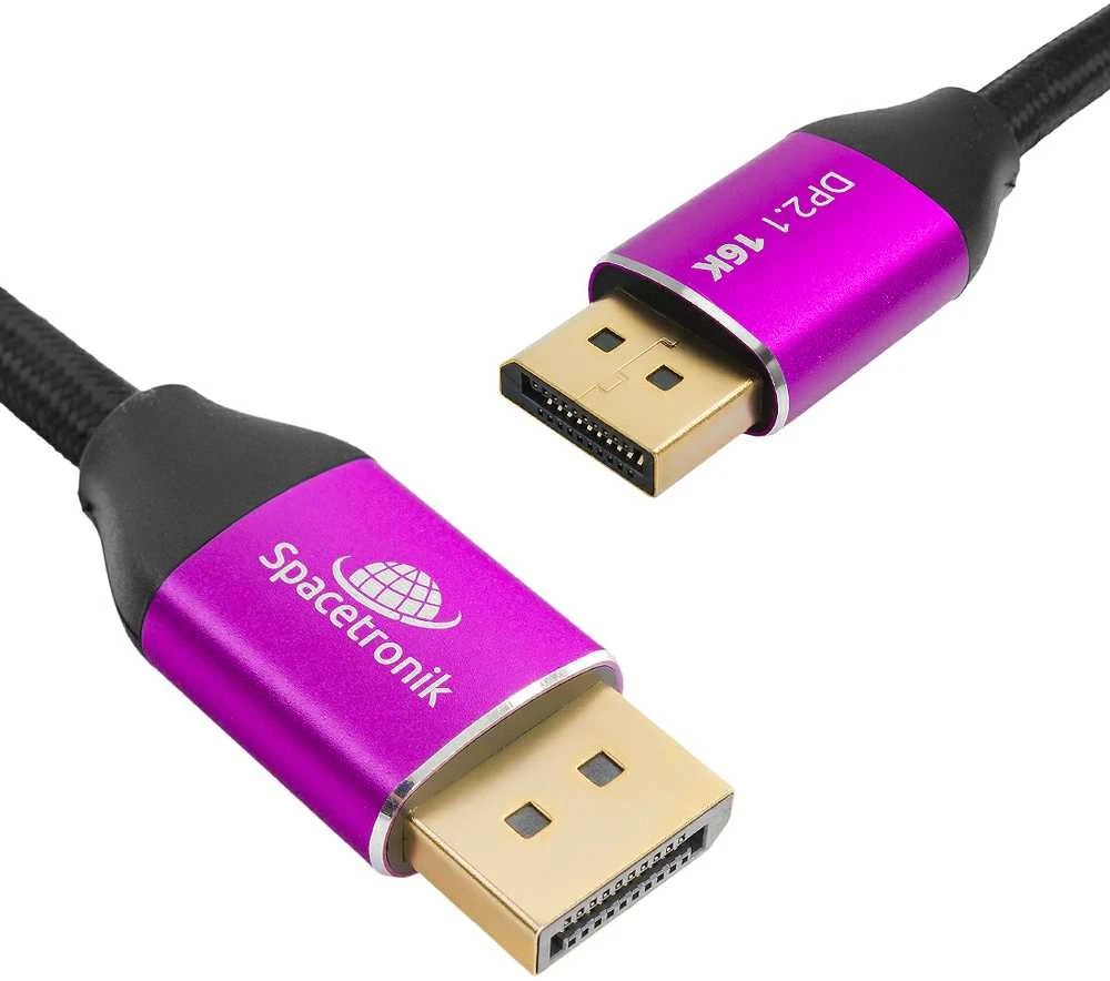 DisplayPort 2.1 kabelio jungtys su violetiniu korpusu
