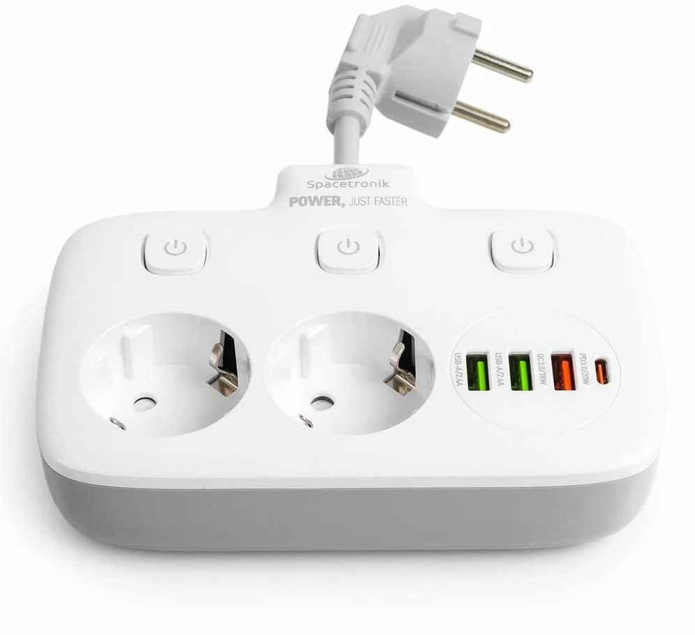 Spacetronik 2x maitinimo juosta, 4xUSB įkroviklis, USB-C PD QC