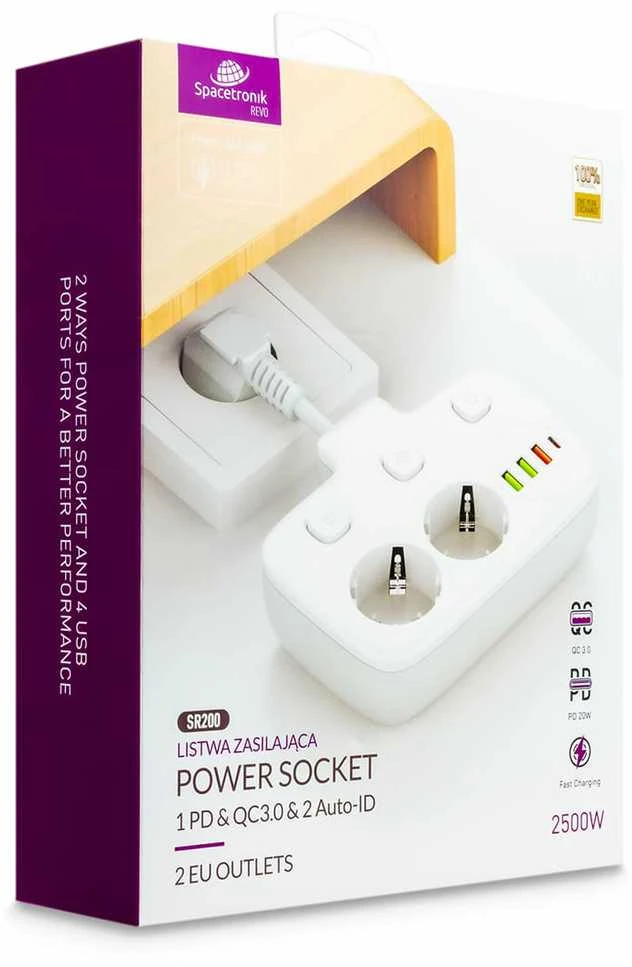 Spacetronik 2x maitinimo juosta, 4xUSB įkroviklis, USB-C PD QC