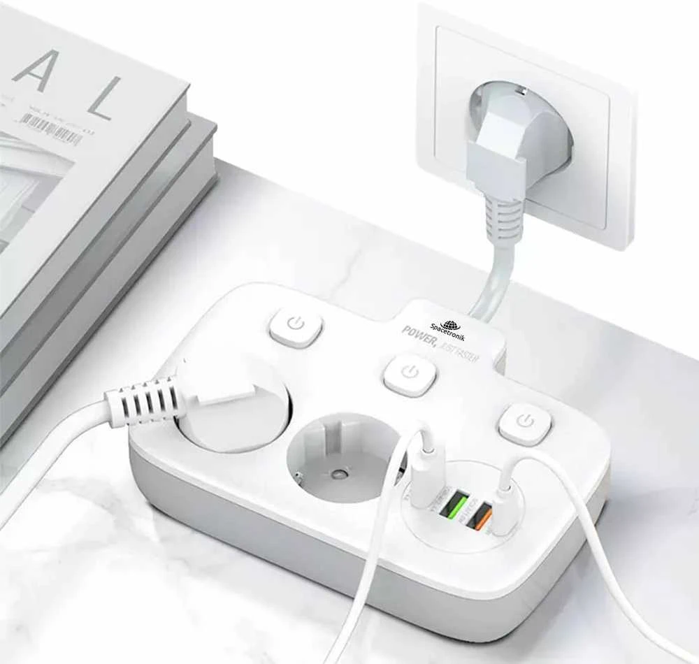 Spacetronik 2x maitinimo juosta, 4xUSB įkroviklis, USB-C PD QC