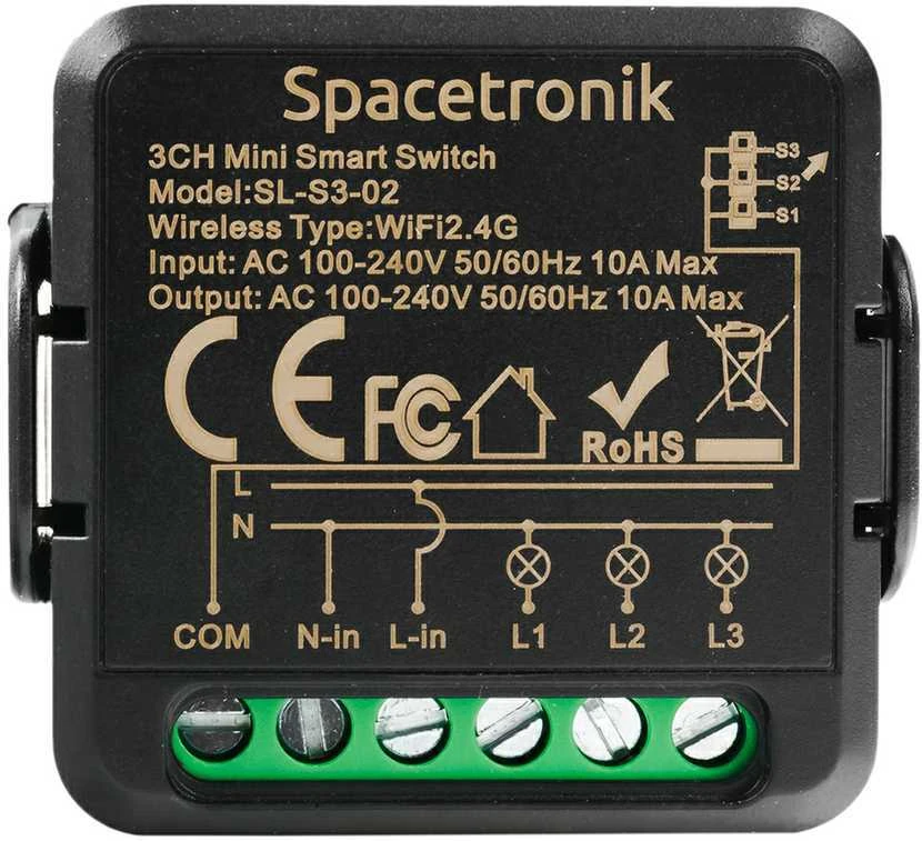 Spacetronik Mini Switch SMART WiFI Tuya 3 elektrinis jungiklis
