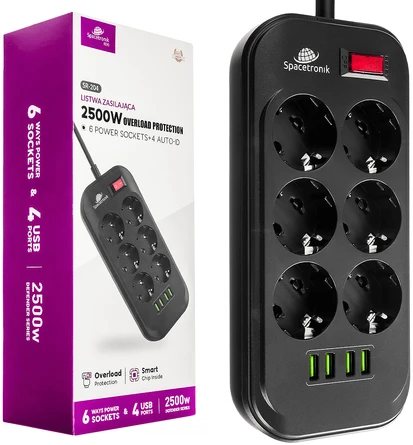 Spacetronik SR-204 maitinimo juostelė 6xAC + 4xUSB