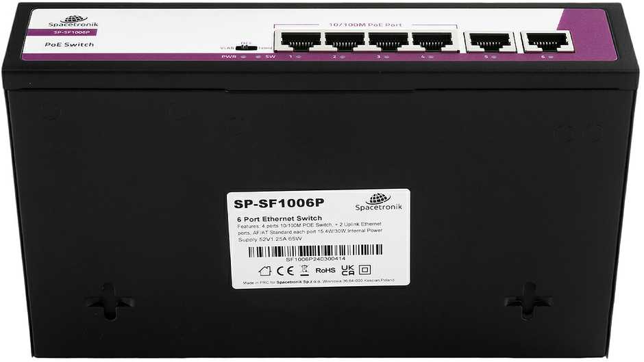 Šakotuvas Spacetronik SWITCH 6 prievadų 100Mbps POE 65W SP-SF1006P SP-SF1