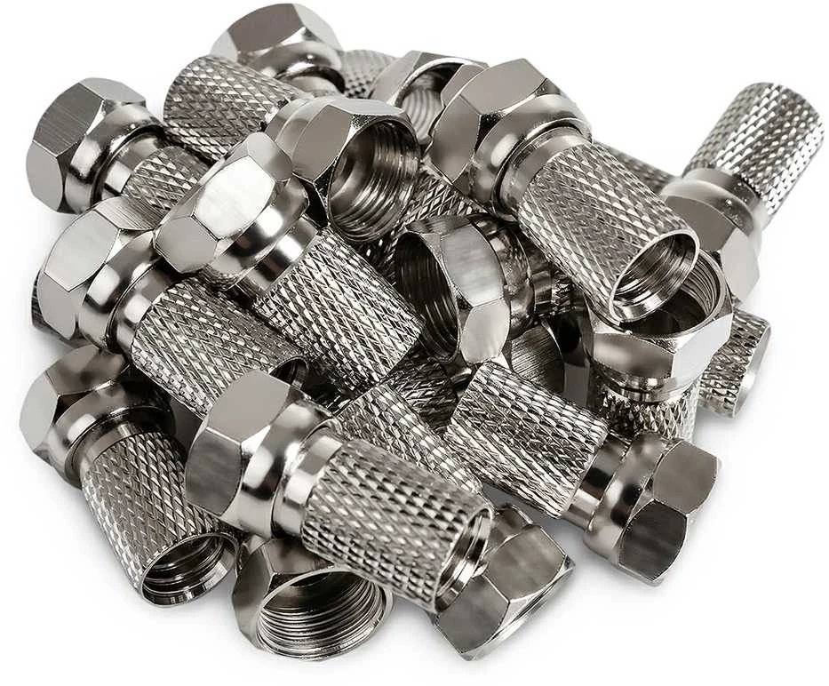 F kištukai Big Nut antenos kabeliui, metalinių jungčių krūva