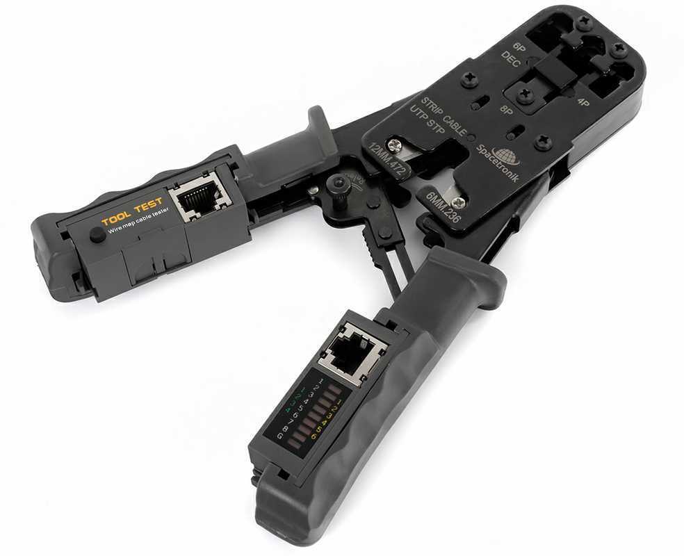 Spacetronik RJ45/RJ12/RJ11 užspaudimo replės su LAN testeriu NT-CT04
