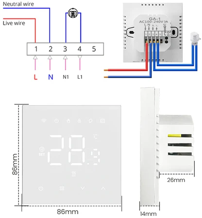 Avatto Išmanus, sieninis termostatas grindų termo pavaroms 3A, 230V, Wi-Fi, baltas, TUYA / Smart Life