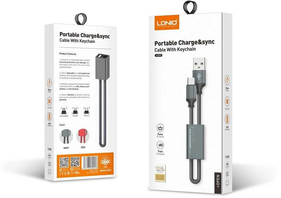 USB-A + Lightning laidas su LDNIO LC98 raktų pakabuku
