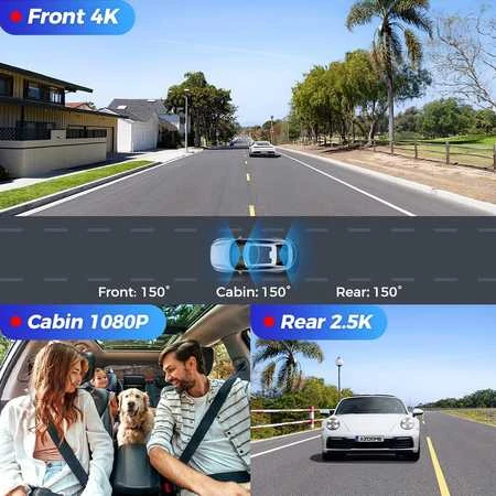 AZDome M550 Max 4K 2160p + 1080p + 2.5K, GPS, Wi-Fi - vaizdo registratorius su priekine, salono ir galine kameromis