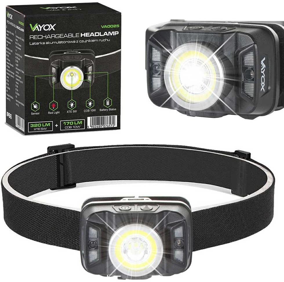 LED priekinis žibintas įkraunamas priekinis žibintas su judesio jutikliu XTE 5W+COB 10W VA0025 VAYOX