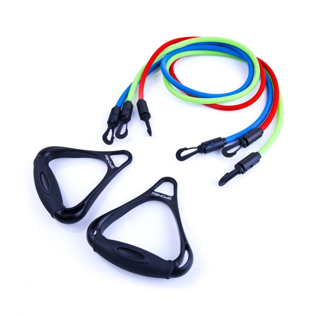 Spokey BACKER II Expander su keičiamomis gumomis, 127 cm, 3 juostos su skirtingais atsparumo laipsniais, Raudona/Žalias/Mėlyna, Guma