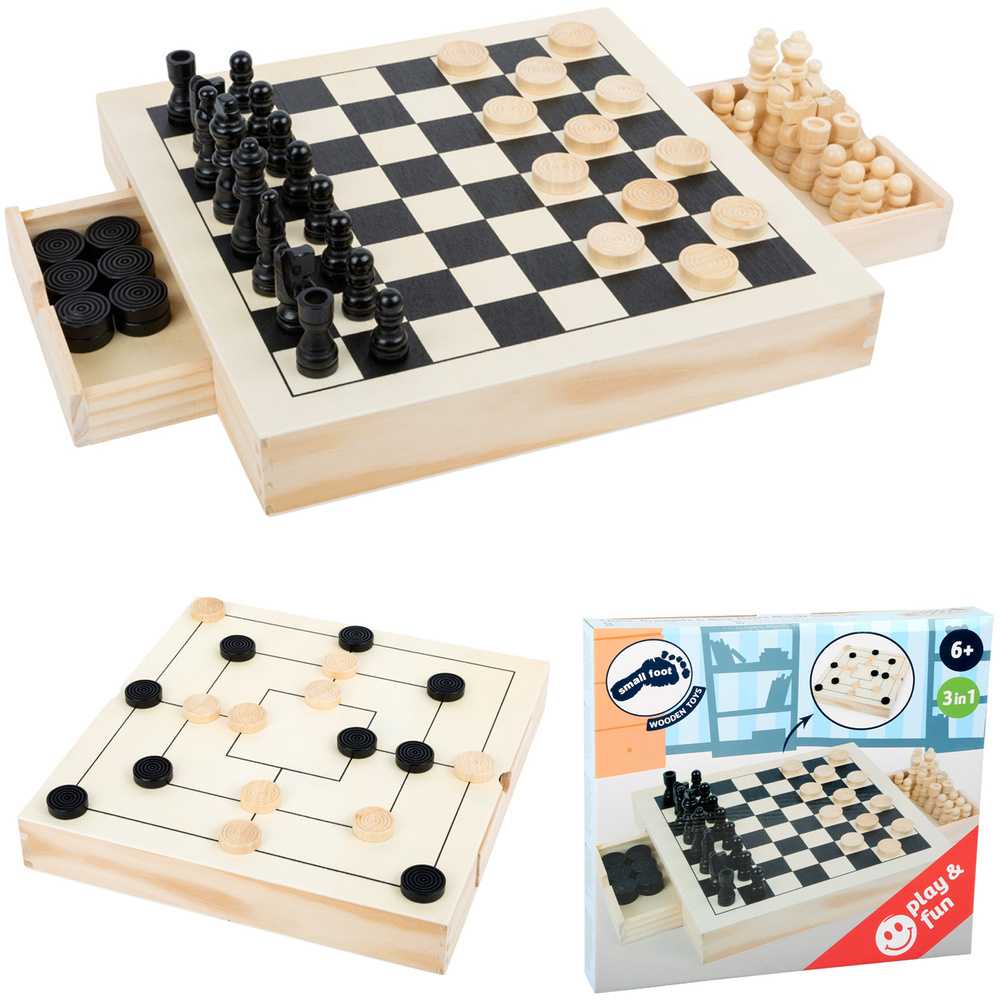 Small Foot Stalo žaidimų rinkinys 3 IN 1 (Draughts, Nine Men´s Morris, Šachmatai)