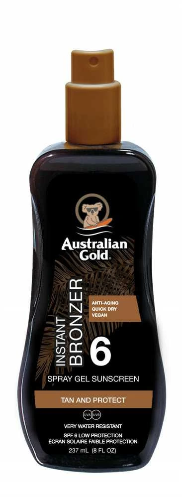 Australian Gold Spray Gel Sunscreen SPF6 Apsauginis purškiamas pienelis nuo saulės su bronzantais, 237 ml