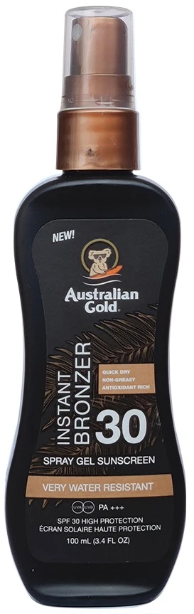 Australian Gold Purškiklis Gel Sunscreen SPF30 Apsauginis purškiamas pienelis nuo saulės su bronzantais, 100 ml