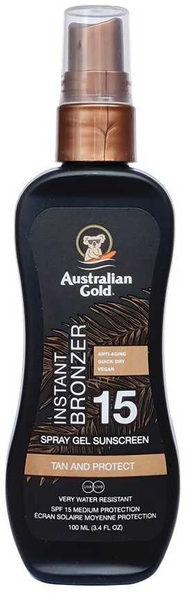 Australian Gold Purškiklis Gel Sunscreen SPF15 Apsauginis purškiamas pienelis nuo saulės su bronzantais, 100 ml