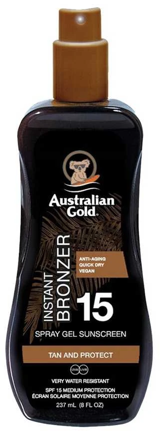 Australian Gold Spray Gel Sunscreen SPF15 Apsauginis purškiamas pienelis nuo saulės su bronzantais, 237 ml aprašymas - Prekės nuotrauka