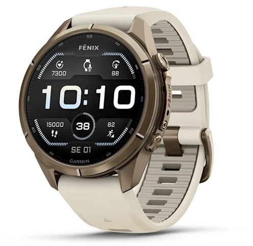 „Garmin fenix 9 Pro“ išmanusis laikrodis, 43 mm, titano, rudens aukso spalvos su kreminės spalvos / prancūziško pilko silikono dirželiu